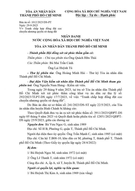 Quyết định giám đốc thẩm Số: 122/2024/DS-GĐT Ngày 10 - 5-2024 V/v Tranh chấp hợp đồng đặt cọc chuyển nhượng quyền sử dụng đất.
