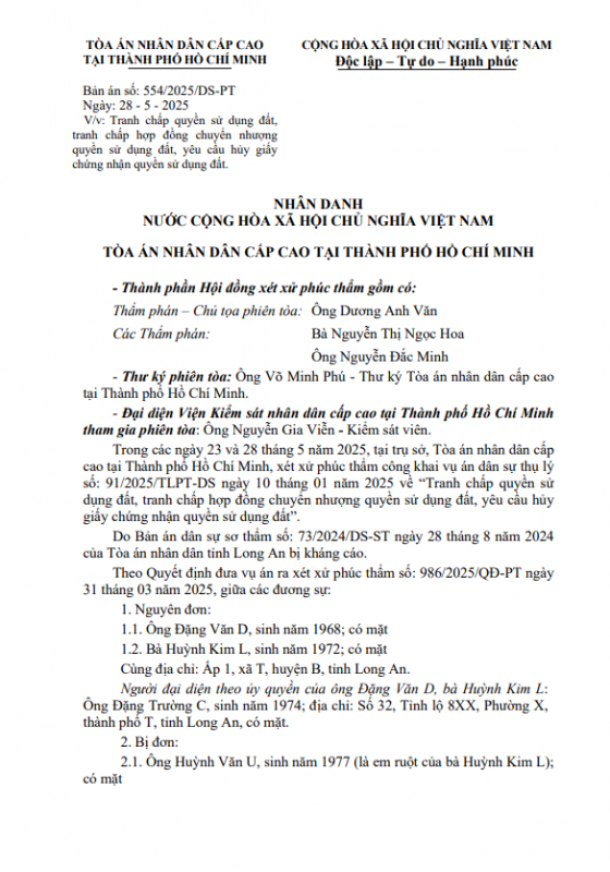 Bản án số: 554/2025/DS-PT Ngày: 28 - 5 - 2025 V/v: Tranh chấp quyền sử dụng đất, tranh chấp hợp đồng chuyển nhượng quyền sử dụng đất, yêu cầu hủy giấy chứng nhận quyền sử dụng đất.
