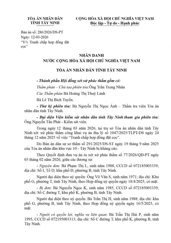 Bản án số: 286/2026/DS-PT Ngày: 12-03-2026 “V/v Tranh chấp hợp đồng đặt cọc"