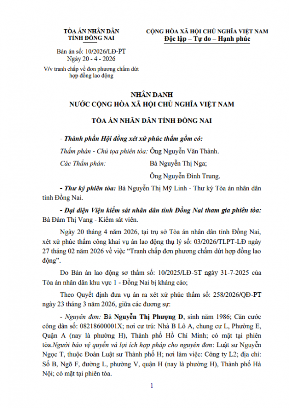 Bản án số: 10/2026/LĐ-PT Ngày 20 - 4 - 2026 V/v tranh chấp về đơn phương chấm dứt hợp đồng lao động