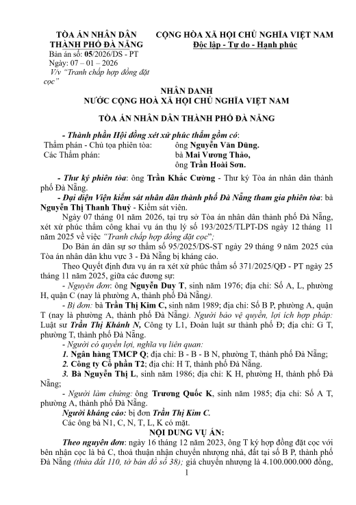 Bản án số: 05/2026/DS - PTТ Ngày: 07- 01 - 2026 V/v “Tranh chấp hợp đồng đặt cọc"